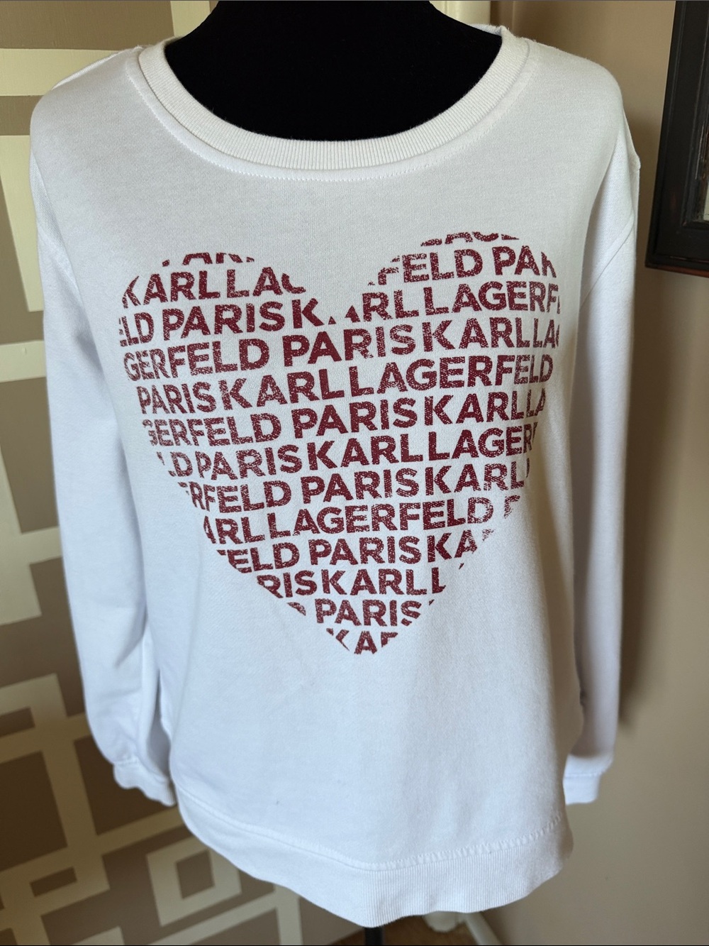 Karl Lagerfeld Paris Love Logo Heart Sweatshirt, White w/Burgundy Logo Sz M